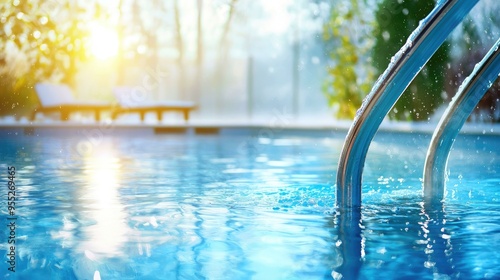 A tranquil morning at the swimming pool, where soft mist rises off the water, creating a serene and peaceful atmosphere perfect for relaxation and reflection.