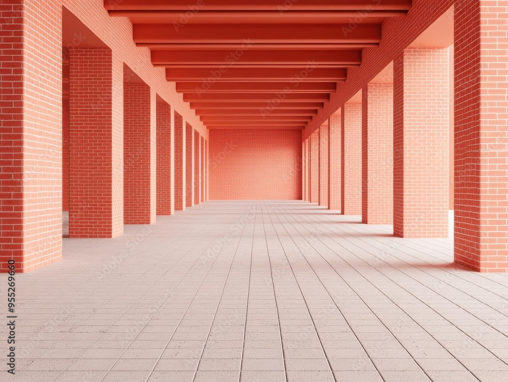 Fototapeta premium Modern interior space showcasing vibrant coral walls and structured brick columns, perfect for design and architectural inspiration.
