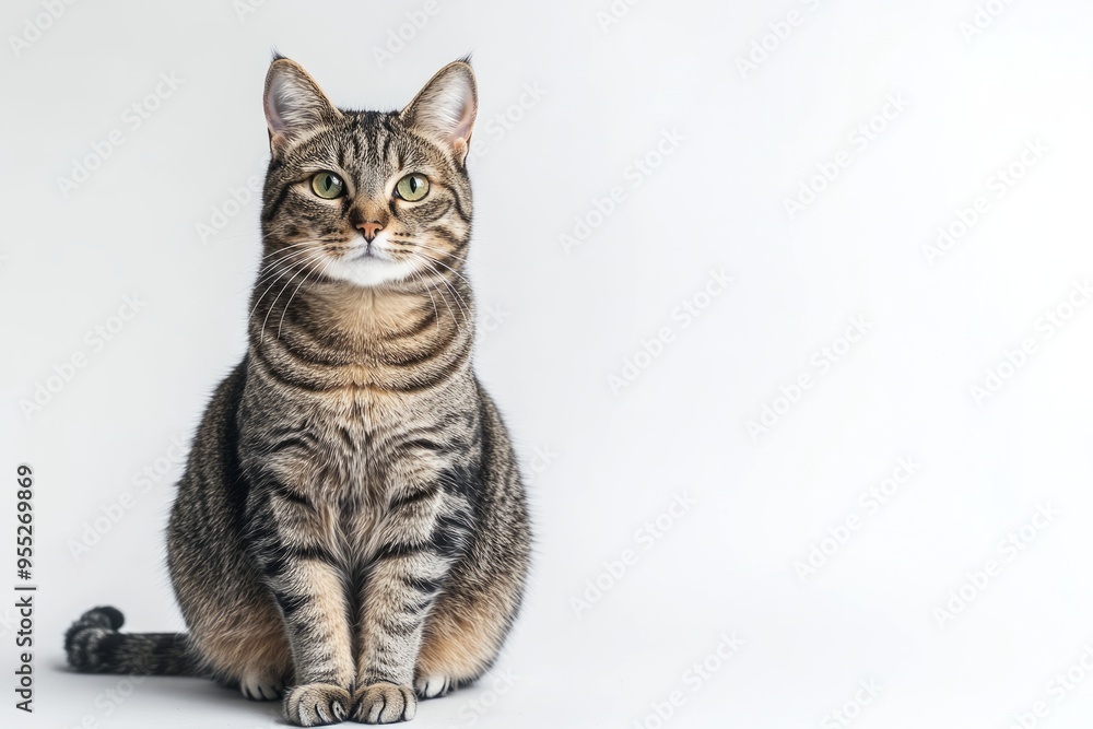 A tabby cat is shown in a studio setting, facing forward against a white backdrop. A tabby cat is shown in a studio setting, facing forward against a white backdrop.