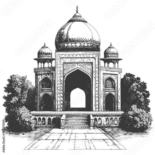 Hand Drawn Sketch of a Grand Ornate Indian Structure with Arched Entryway