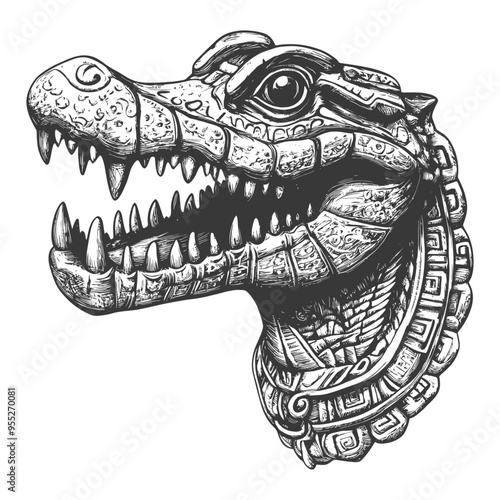 Detailed Hand Drawn Illustration of an Alligator Head with Mayan Inspired Ornamentation