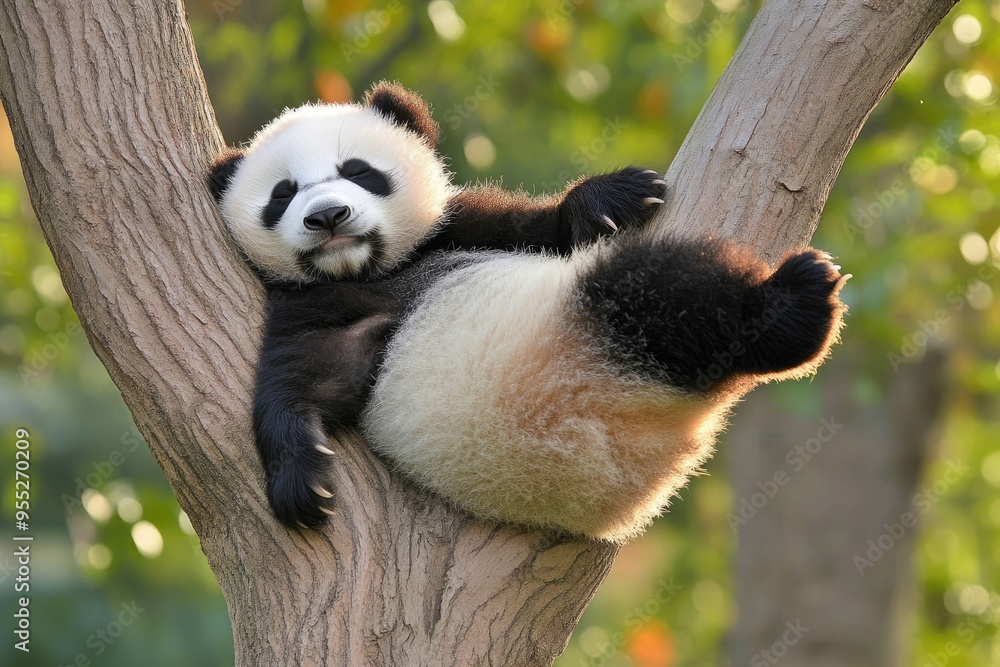 Fototapeta premium A playful panda cub relaxes in a tree, basking in the sunlight amidst lush greenery, exuding charm and tranquility in its natural habitat