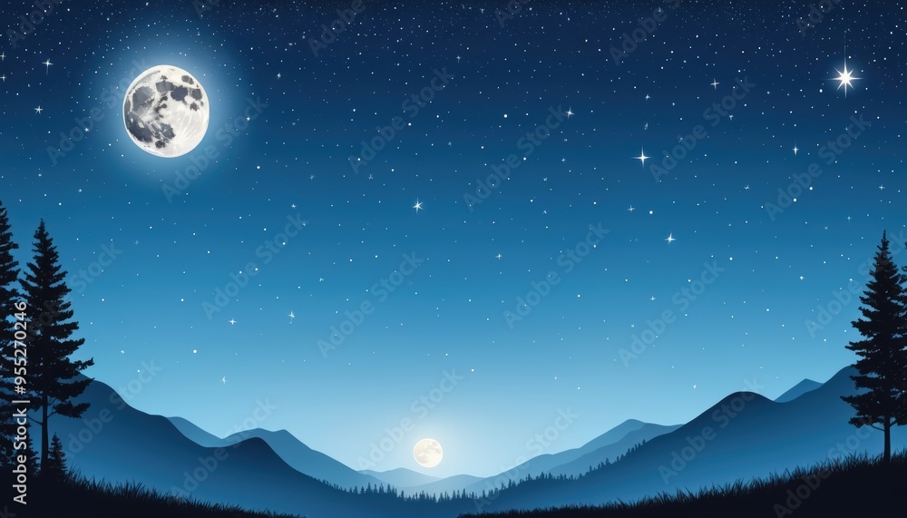 A serene night landscape featuring a full moon, twinkling stars, and silhouetted mountains, perfect for evoking tranquility and inspiration in design projects. A serene night landscape featuring a full moon, twinkling stars, and silhouetted mountains, perfect for evoking tranquility and inspiration in design projects.