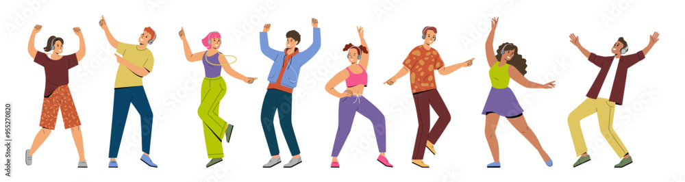 Dancing people. Fun music woman and men in headphones, happy person, young characters listen and move disco action. Leisure time, teenagers with phones. Vector cartoon isolated illustration set Dancing people. Fun music woman and men in headphones, happy person, young characters listen and move disco action. Leisure time, teenagers with phones. Vector cartoon isolated illustration set