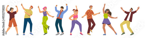 Dancing people. Fun music woman and men in headphones, happy person, young characters listen and move disco action. Leisure time, teenagers with phones. Vector cartoon isolated illustration set