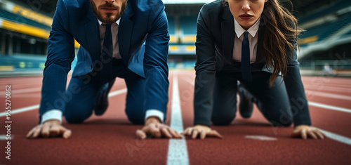 Businessman and businesswoman in starting positions on the track, ready to start the race,	 photo