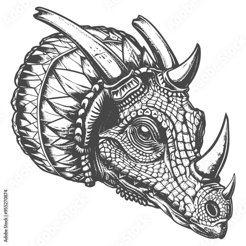 Detailed Illustration of a Triceratops Head with Intricate Patterns