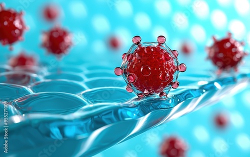 Close-up of a red virus particle on a textured blue surface, representing health and microbiology concepts. photo