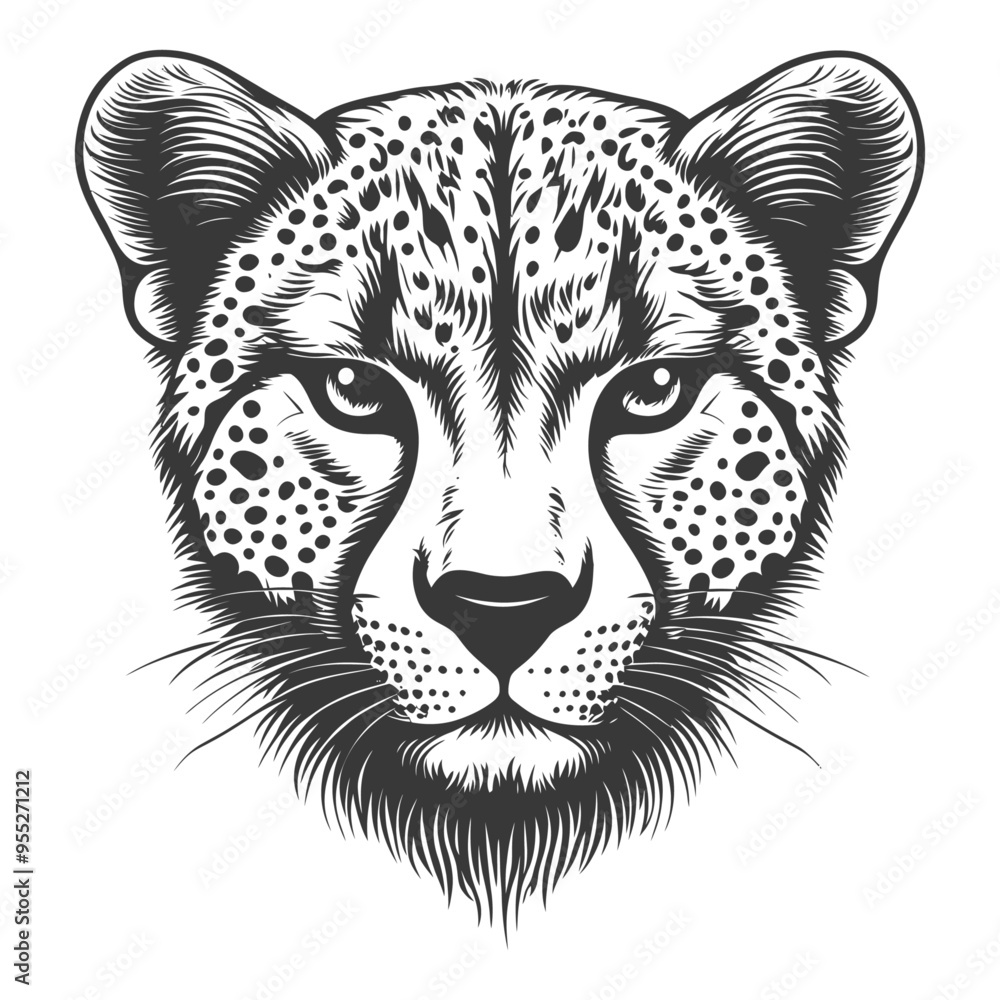 Close up Black and White Illustration of a Cheetahs Face Close up Black and White Illustration of a Cheetahs Face