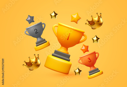 3D winners cup. Trophy cup. Gold, silver and copper. Vector award nomination background