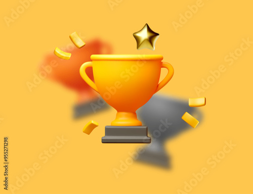 3D winners cup. Trophy cup. Gold, silver and copper. Vector award nomination background