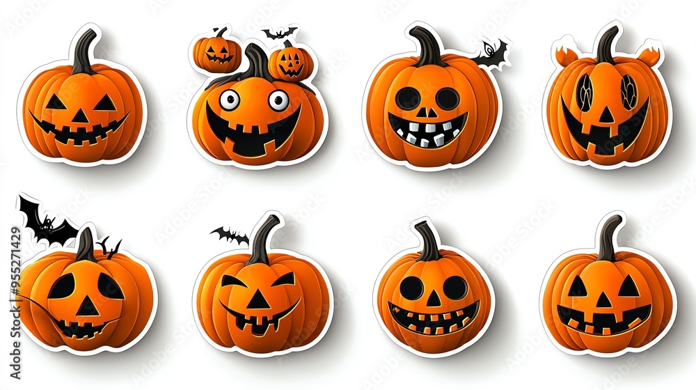 A collection of cheerful and spooky pumpkins with various faces, perfect for Halloween decorations and festive themes. A collection of cheerful and spooky pumpkins with various faces, perfect for Halloween decorations and festive themes.
