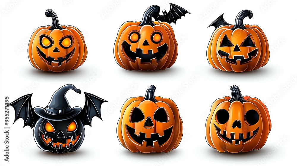 A collection of spooky Halloween pumpkins with various carved faces and decorations, perfect for festive designs and autumn themes. A collection of spooky Halloween pumpkins with various carved faces and decorations, perfect for festive designs and autumn themes.