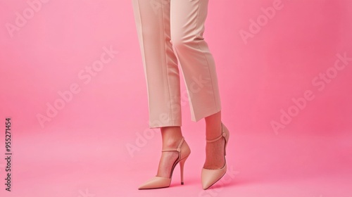 Legs of young woman in trousers and beige open-toed high heels on pink background