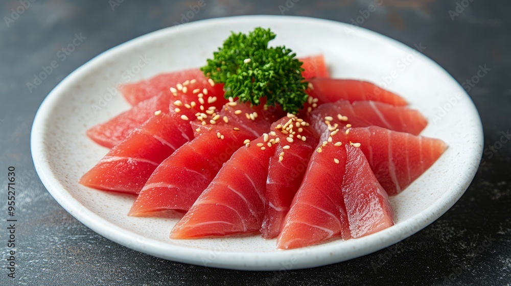 Thinly sliced raw tuna sashimi on a white plate with sesame seeds and a sprig of parsley. Thinly sliced raw tuna sashimi on a white plate with sesame seeds and a sprig of parsley.