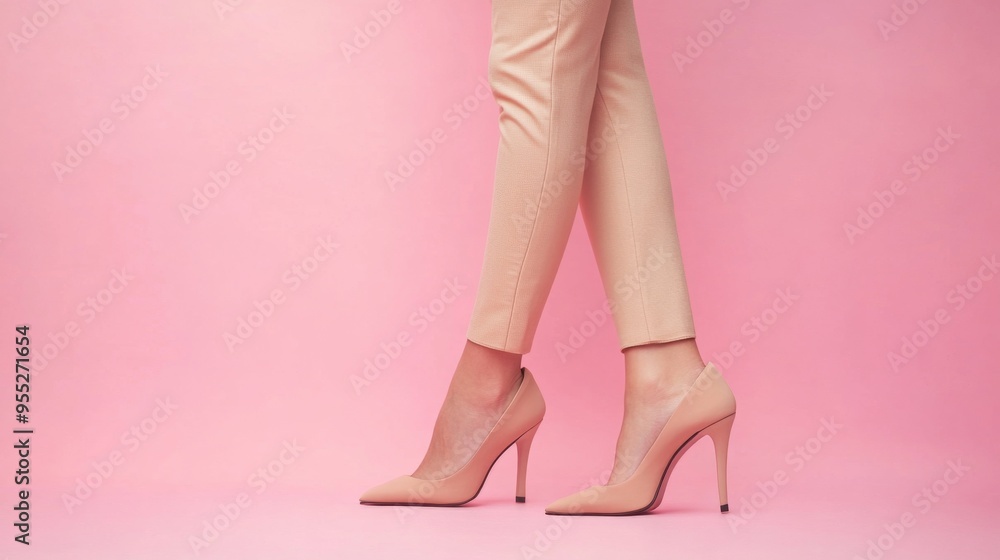Legs of young woman in trousers and beige open-toed high heels on pink background Legs of young woman in trousers and beige open-toed high heels on pink background