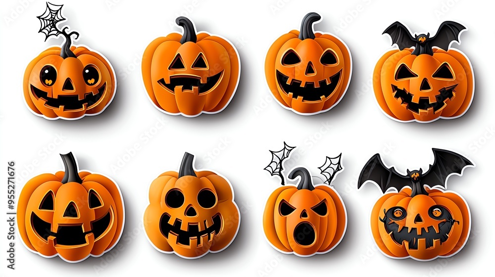 Colorful Halloween pumpkins with various spooky and funny faces, perfect for festive decorations and seasonal designs. Colorful Halloween pumpkins with various spooky and funny faces, perfect for festive decorations and seasonal designs.