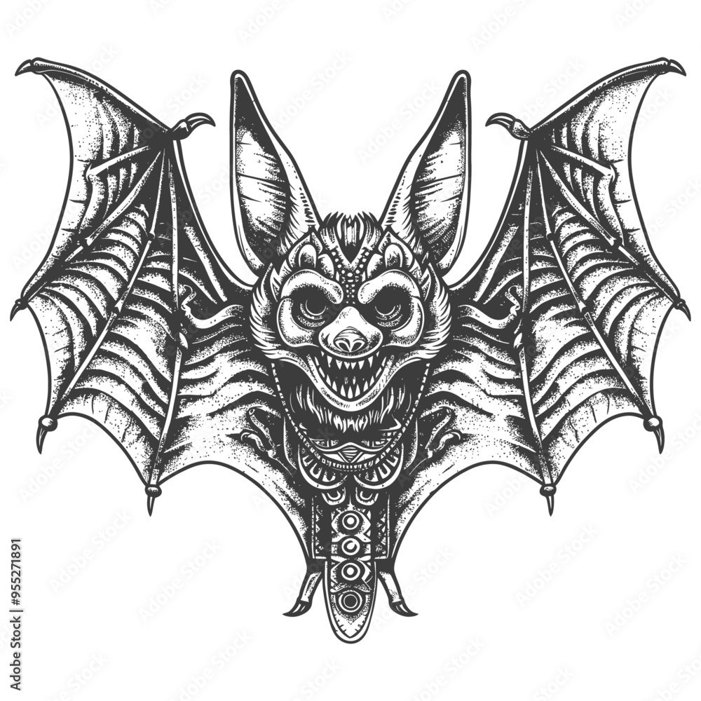 Detailed Illustration of a Monstrous Bat with Open Mouth and Spread Wings Detailed Illustration of a Monstrous Bat with Open Mouth and Spread Wings