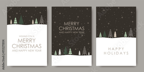 Merry Christmas and Happy New Year! Set of winter cards, Christmas trees and snow on dark background, winter vector illustration.
