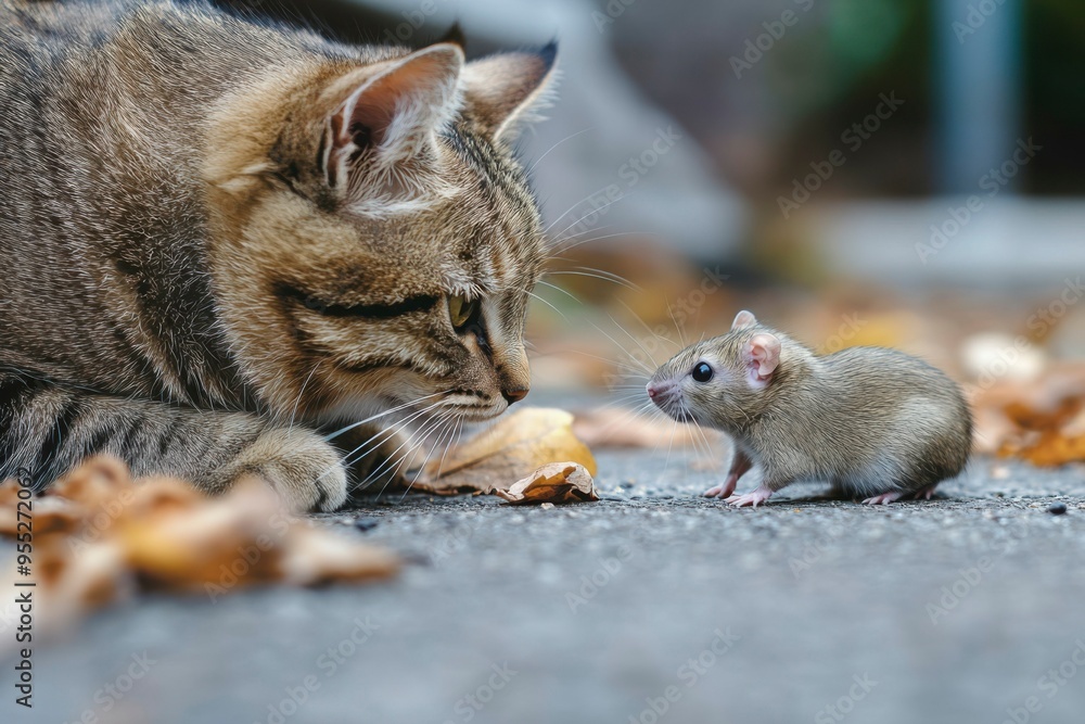 Cat and Rat Facing Each Other in a Garden Setting Cat and Rat Facing Each Other in a Garden Setting