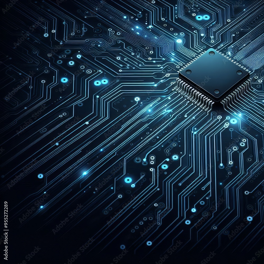 Thin circuit trace lines in blue on a dark technology background. Abstract digital tech bg. Electronics and computer technology concept. Chip and circuit board. Vector illustration. Chip connectors
Thin circuit trace lines in blue on a dark technology background. Abstract digital tech bg. Electronics and computer technology concept. Chip and circuit board. Vector illustration. Chip connectors