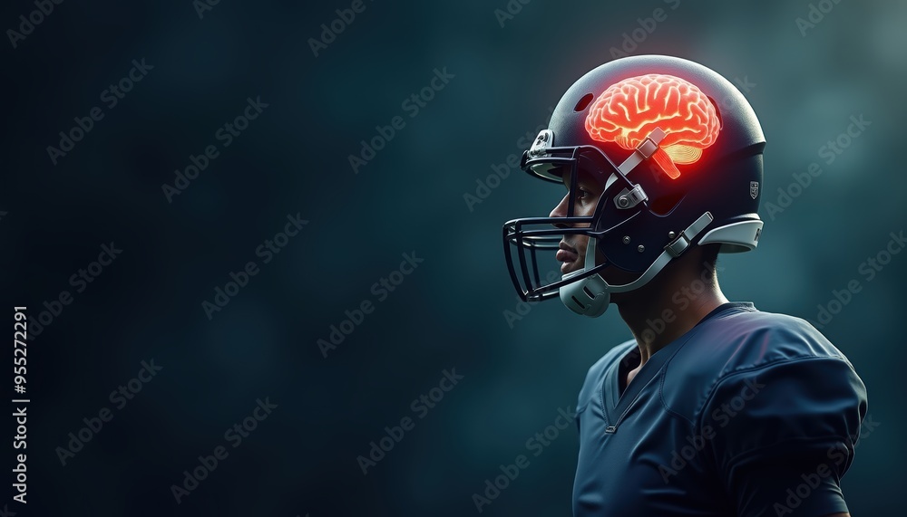 A conceptual image featuring a football player with a glowing brain inside his helmet, symbolizing the intersection of sports and brain health. A conceptual image featuring a football player with a glowing brain inside his helmet, symbolizing the intersection of sports and brain health.