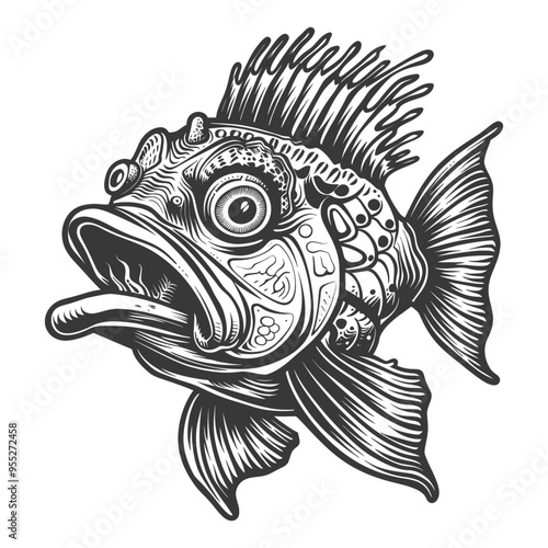 Detailed Black and White Illustration of a Fish with a Large Eye and a Long Tongue