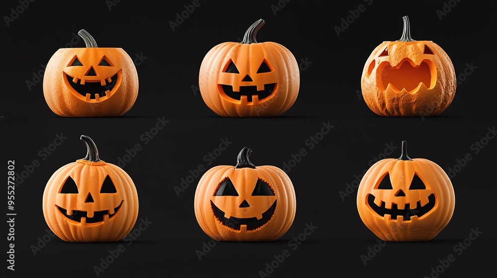 A collection of six Halloween pumpkins with unique faces, perfect for festive decorations and seasonal themes. A collection of six Halloween pumpkins with unique faces, perfect for festive decorations and seasonal themes.