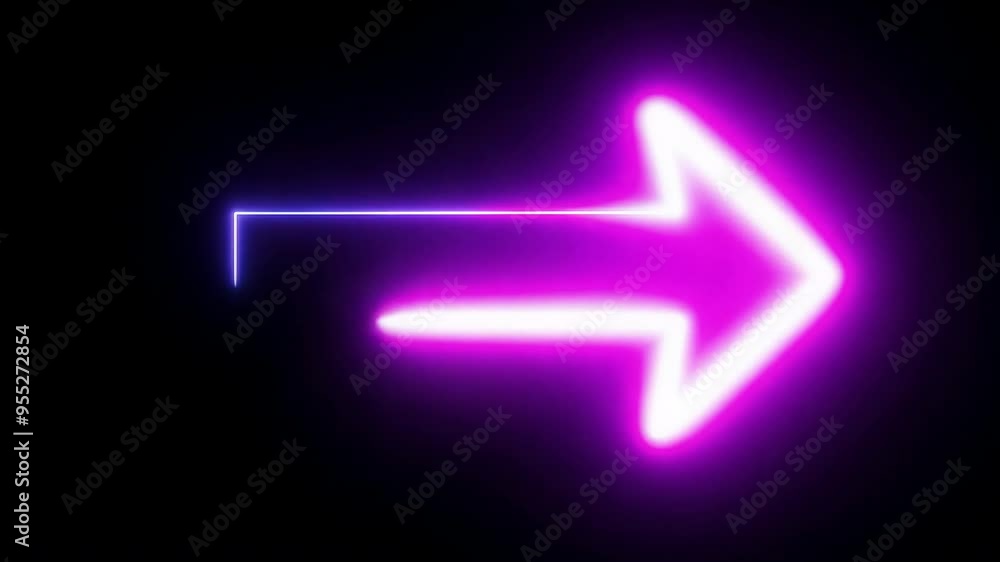 Glowing neon purple arrow sign on black background. Minimalistic design for banners, posters, and digital media. Direction and navigation concept. Glowing neon purple arrow sign on black background. Minimalistic design for banners, posters, and digital media. Direction and navigation concept.