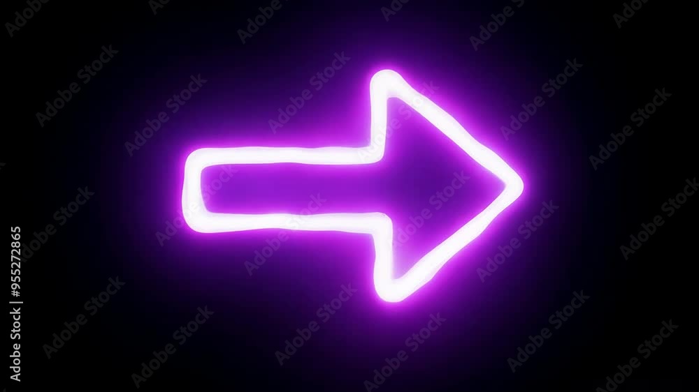 Glowing neon purple arrow sign on black background. Minimalistic design for banners, posters, and digital media. Direction and navigation concept. Glowing neon purple arrow sign on black background. Minimalistic design for banners, posters, and digital media. Direction and navigation concept.