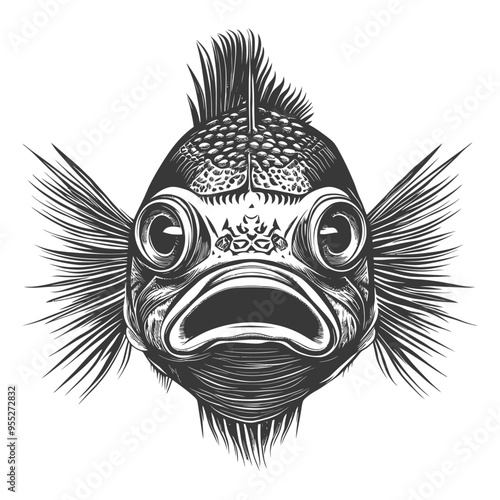 Monochromatic Illustration of a Fish with Open Mouth and Fins