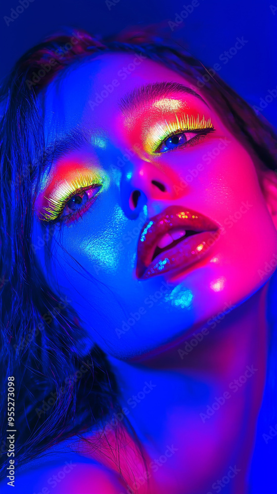 A woman with bright colored makeup on her face. The makeup is neon and the woman's face is lit up A woman with bright colored makeup on her face. The makeup is neon and the woman's face is lit up
