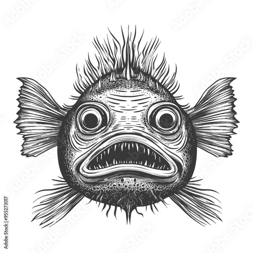 A Detailed Illustration of a Ferocious Fish with Spikes and Sharp Teeth