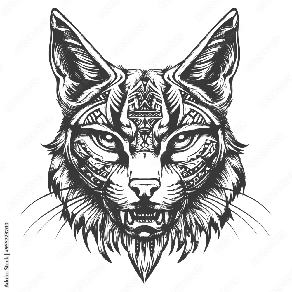 Fototapeta premium A Detailed Black and White Illustration of a Ferocious Geometric Cat Head