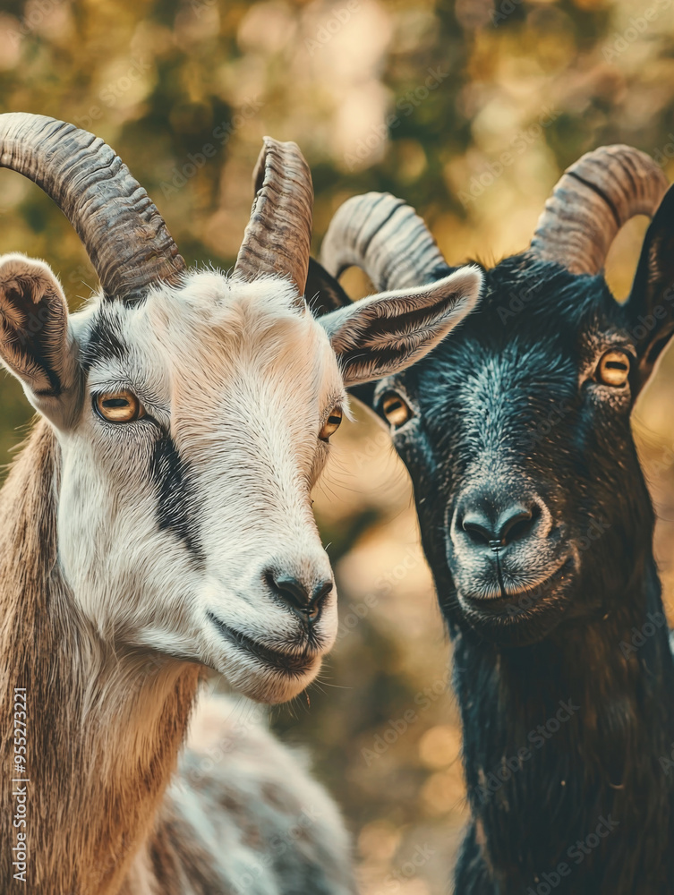 Fototapeta premium Two goats with horns facing each other