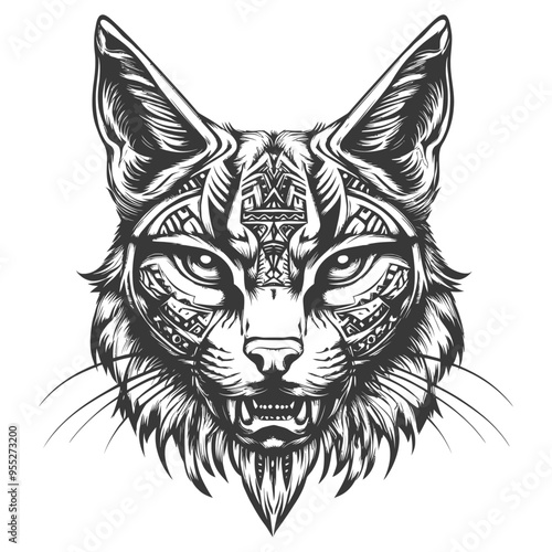 A Detailed Black and White Illustration of a Ferocious Geometric Cat Head