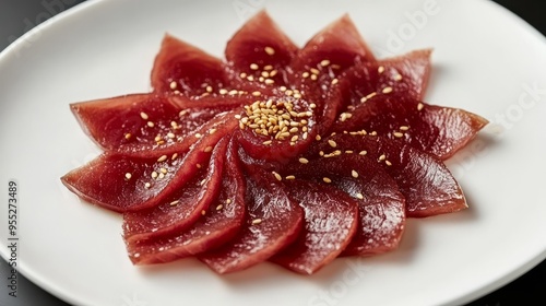 Thinly sliced red fish arranged in a flower shape with sesame seeds on a white plate.