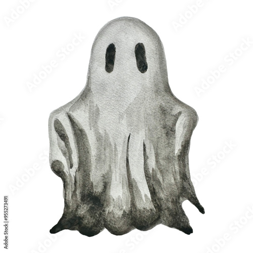 Watercolor Halloween ghost isolated cut out from white background