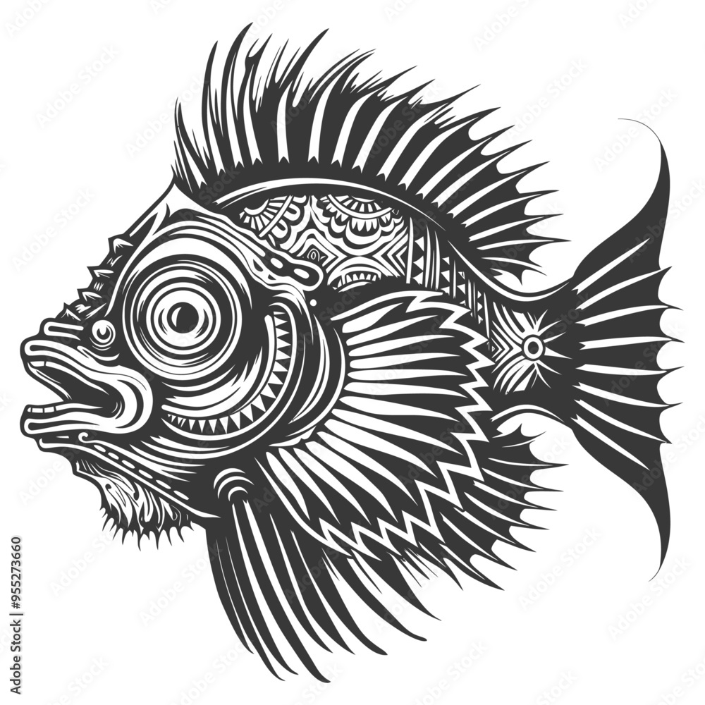 Obraz premium Tribal Fish with Geometric Pattern and Sharp Fins