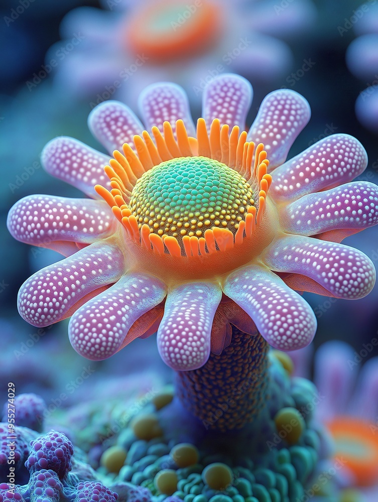 Fototapeta premium 3D rendering of a close-up view of a vibrant, otherworldly flower with intricate patterns on petals