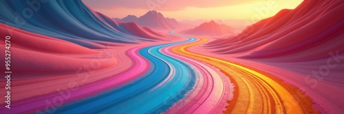 A vibrant, abstract landscape with flowing colors creates a surreal pathway, perfect for creative projects in digital art, advertising, and design.