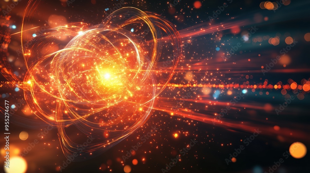3D rendering of a data visualization background featuring abstract digital particles and futuristic circular rings on a dark black background. The glowing light effect, along with colorful laser spark 3D rendering of a data visualization background featuring abstract digital particles and futuristic circular rings on a dark black background. The glowing light effect, along with colorful laser spark