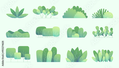 Simple bush. Tree green gradient, plant silhouette for vegetation field, shrub grove landscape. Line eco forest. isolated decorative minimalistic elements. Vector cartoon flat botanical set