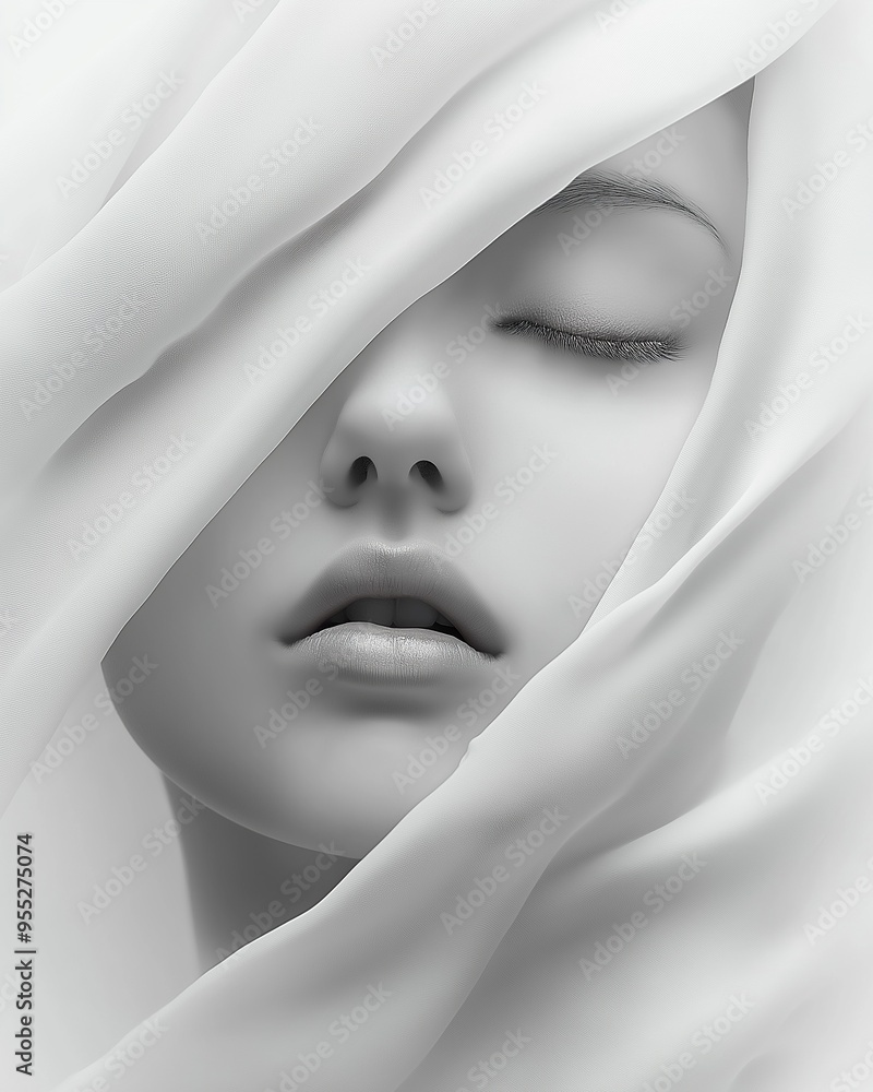 Black and white close-up of a serene woman's face partially covered by soft flowing fabric Black and white close-up of a serene woman's face partially covered by soft flowing fabric