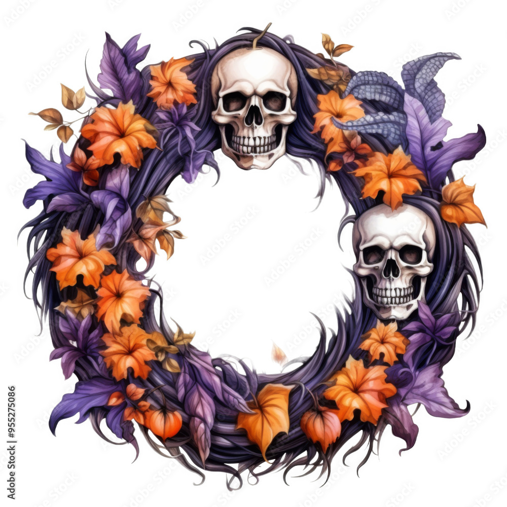 Skull Wreath with Purple and Orange Flowers Skull Wreath with Purple and Orange Flowers