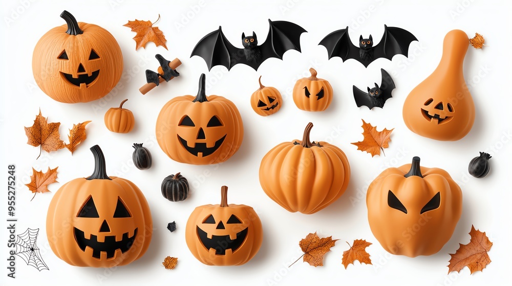 Colorful collection of Halloween pumpkins with various expressions, bats, and autumn leaves, perfect for festive decorations. Colorful collection of Halloween pumpkins with various expressions, bats, and autumn leaves, perfect for festive decorations.