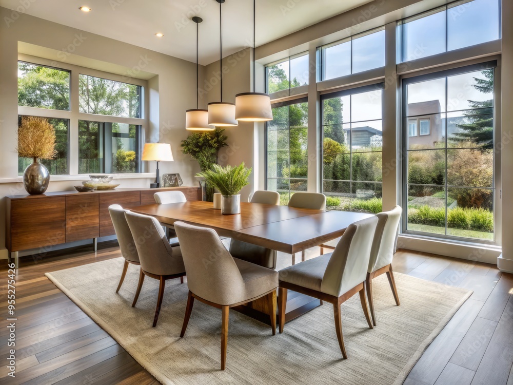 Natural light pours in through large windows, illuminating a modern dining room set amidst elegant Seattle decor,