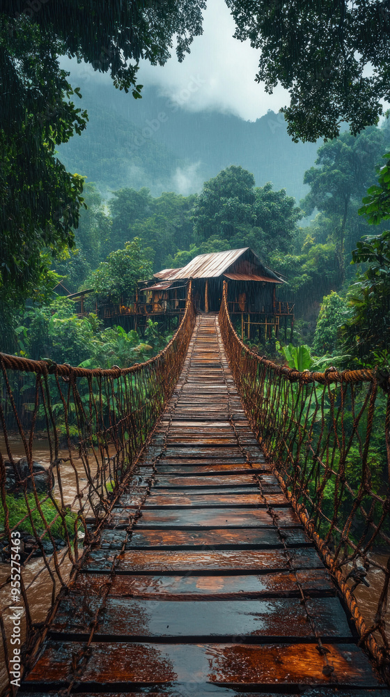 An off-the-beaten-path adventure in Laos, with travelers crossing rope bridges and navigating rugged terrain