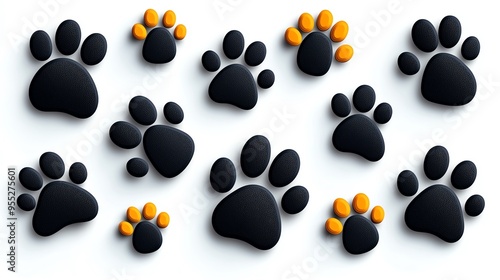 Colorful paw prints on a white background, perfect for pet-related themes and animal imagery. photo