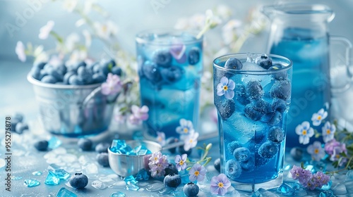 Blueberry lemonade with ice and floral decoration closeup image. Summer vibes. Blue beverages surrounding purple flowers close up photography. Party mocktail concept photo realistic